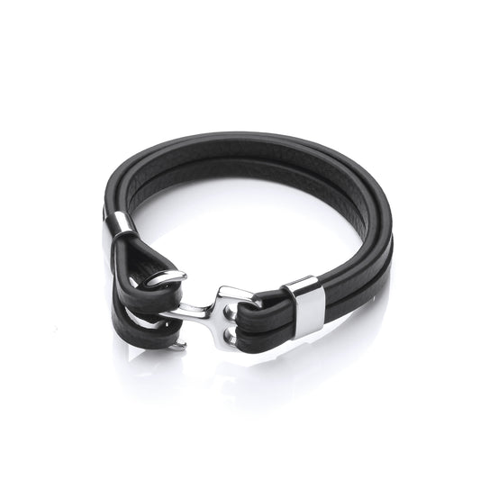 Mens Steel  Black Leather Anchor Lock Strap Bracelet 18mm - BRC177