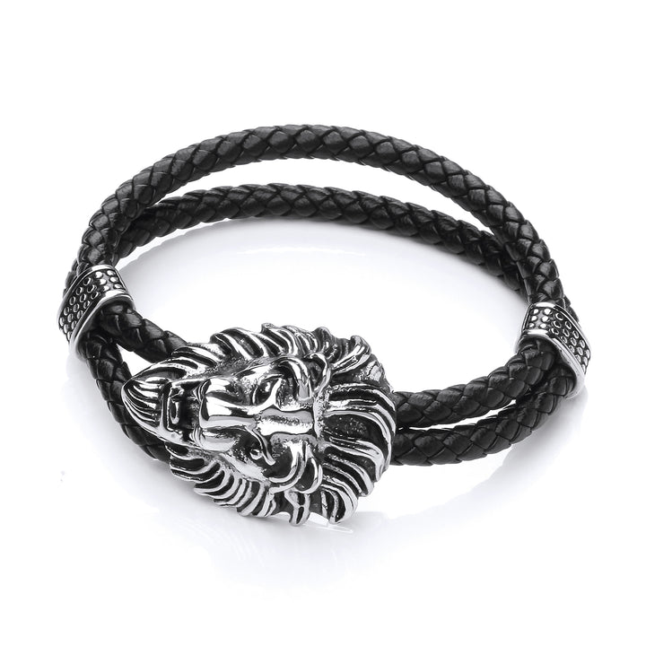 Mens Steel  Black Leather Lion Head Strap Bracelet 30mm - BRC179