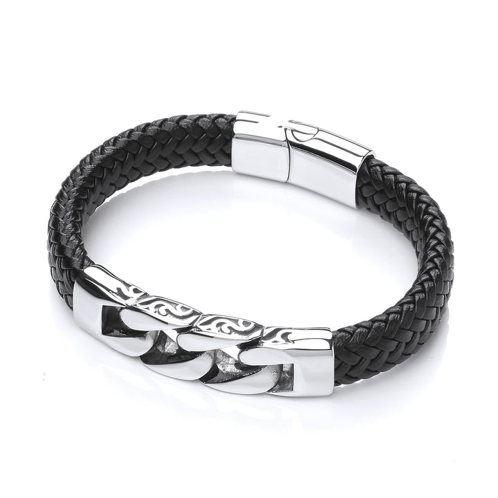Mens Steel  Black Leather Carved Curb Link Strap Bracelet 14mm - BRC180