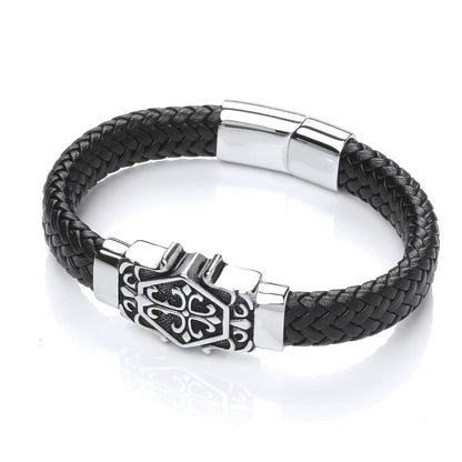 Mens Steel  Black Leather Fleur de Lis Cross Strap Bracelet 17mm - BRC182
