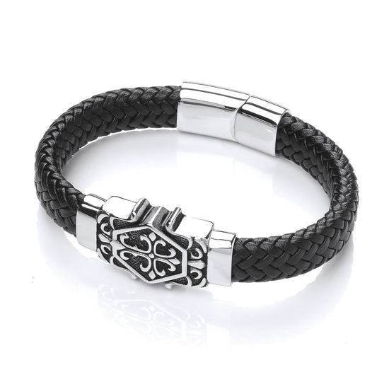 Mens Steel  Black Leather Fleur de Lis Cross Strap Bracelet 17mm - BRC182