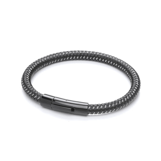 Mens Black Leather Steel  Snake Rope Twist Strap Bracelet - BRC184