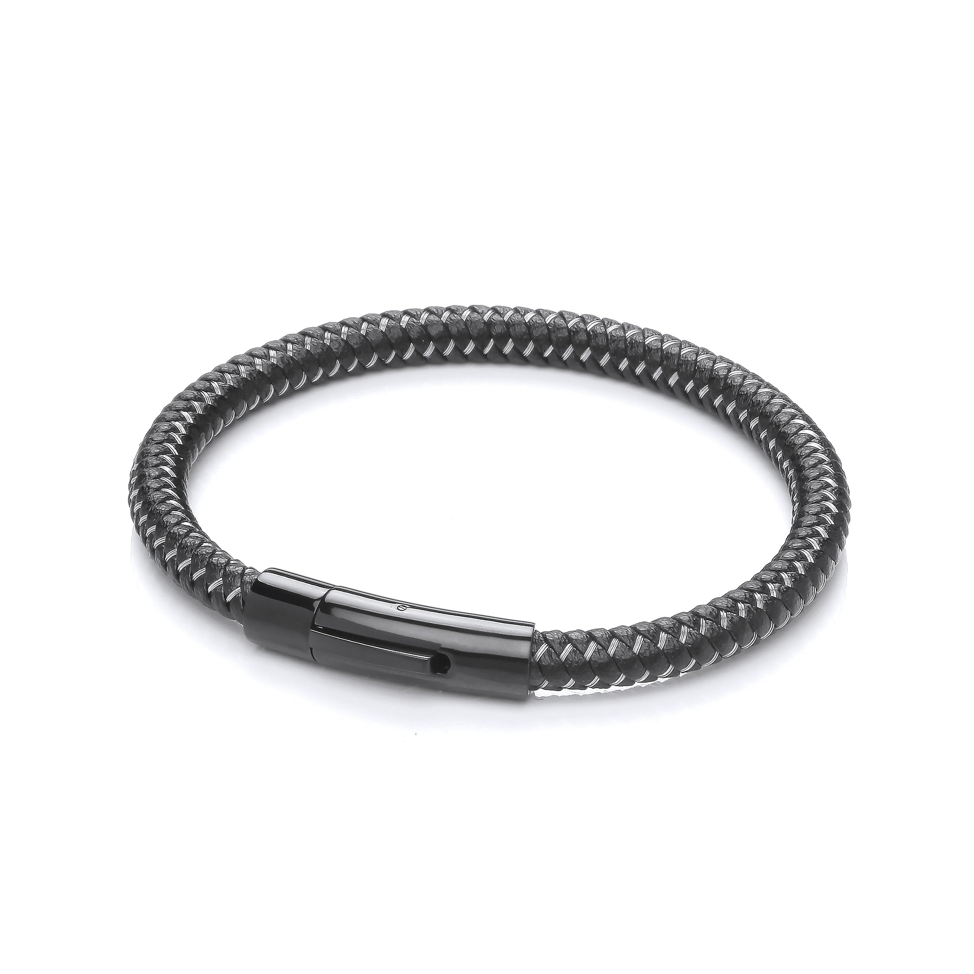 Mens Black Leather Steel  Snake Rope Twist Strap Bracelet - BRC184