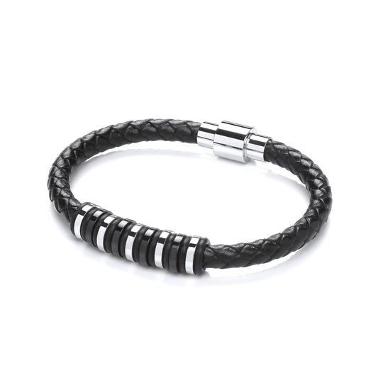 Mens Leather Steel 9 Ring Weave Magnetic Bracelet - BRC185