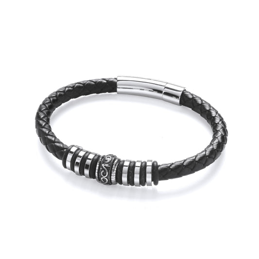 Mens Leather Steel Weave Tribal Scroll Rings Bracelet - BRC186