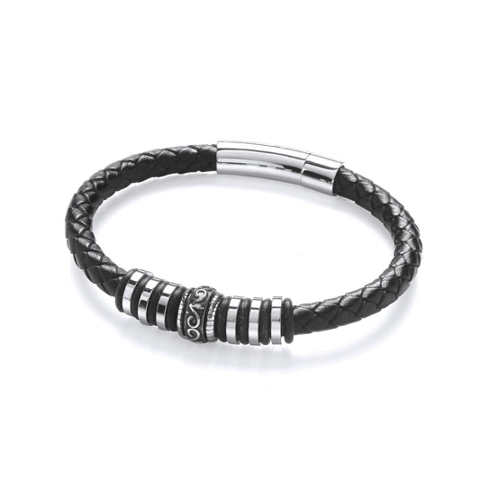 Mens Leather Steel  Plain Weave Tribal Scroll Rings Bracelet 8" - BRC186