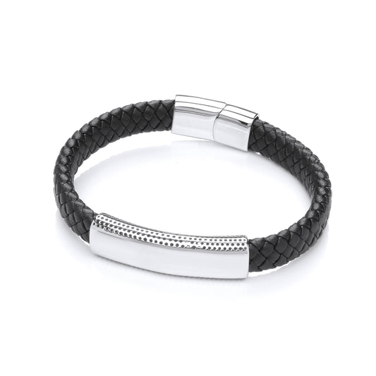 Mens Black Leather Steel  Flat Plain Weave ID Bar Strap Bracelet - BRC187