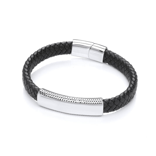 Mens Black Leather Steel  Plain Weave ID Bar Strap Bracelet 8" - BRC187