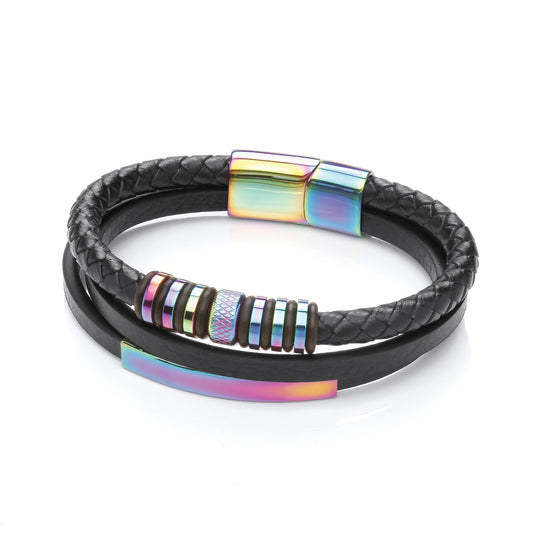 Mens Black Leather Steel  Rainbow Plaited ID Bar Strap Bracelet 8" - BRC191