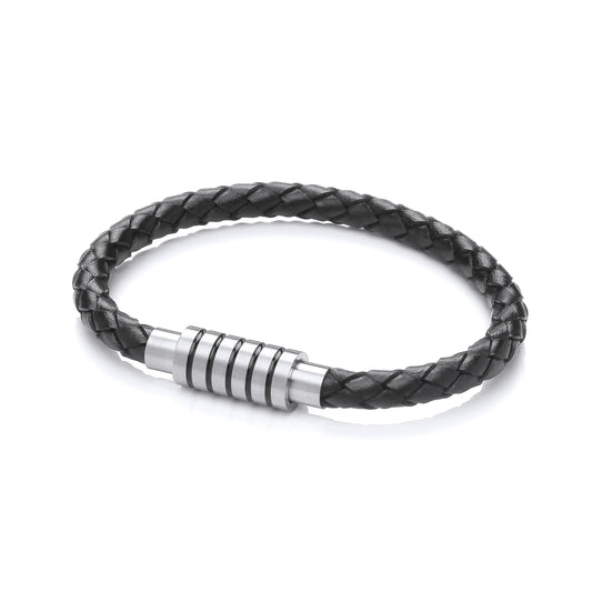 Mens Leather Steel  Round Plaited Cylinder Magnetic Bracelet 8" - BRC192