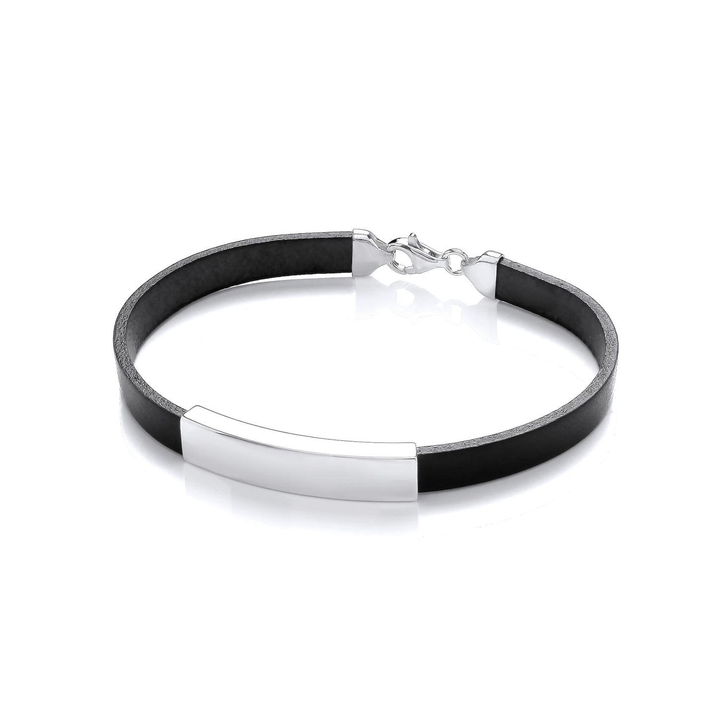 Mens Black Leather Steel  Flat ID Bar Strap Bracelet 8mm 8 inch - BRC195BLK
