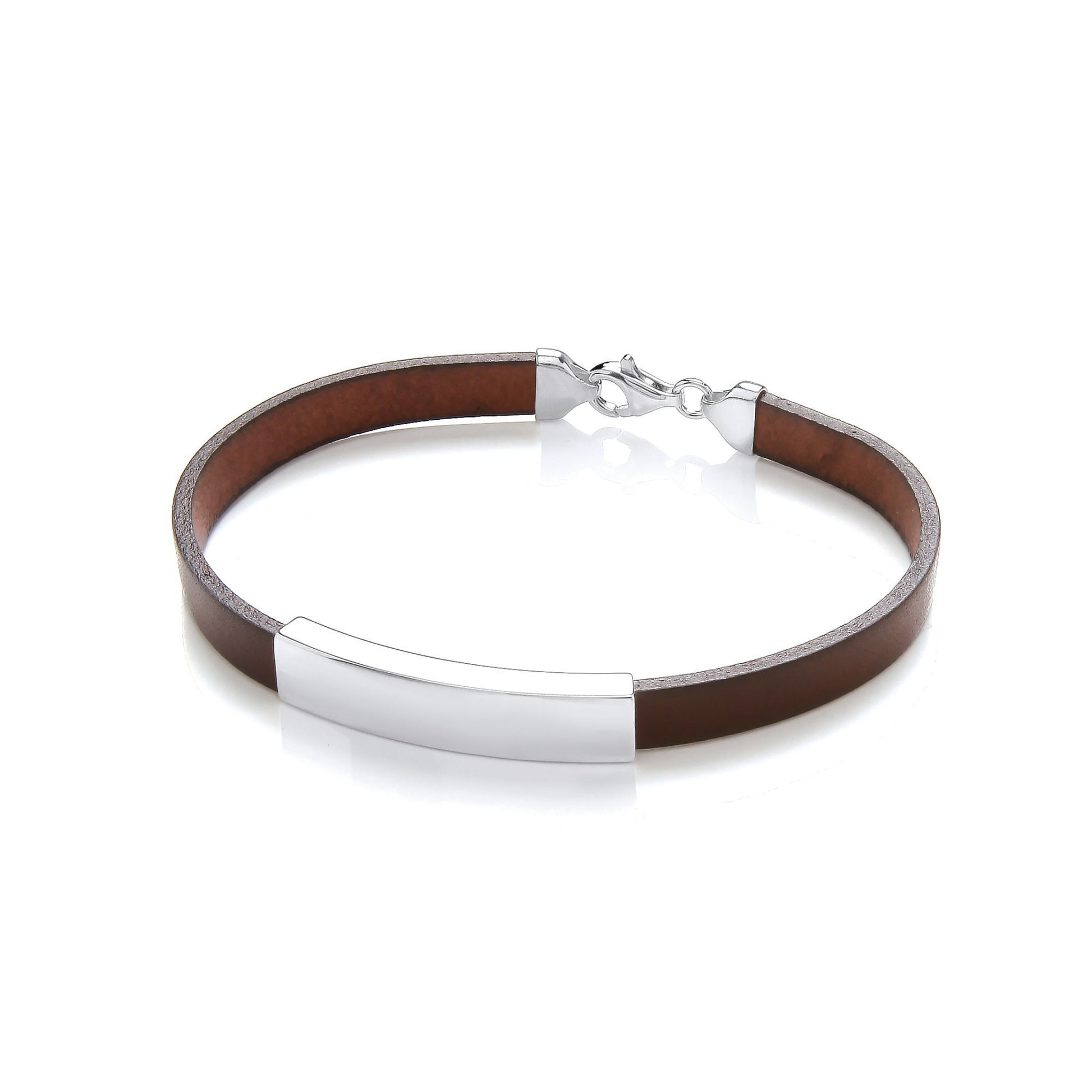Mens Brown Leather Steel  Flat ID Bar Strap Bracelet 8mm 8 inch - BRC195BRN