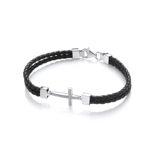 Mens Leather Steel  Plaited Beaded Cross Bracelet 6mm 8.5" - BRC196