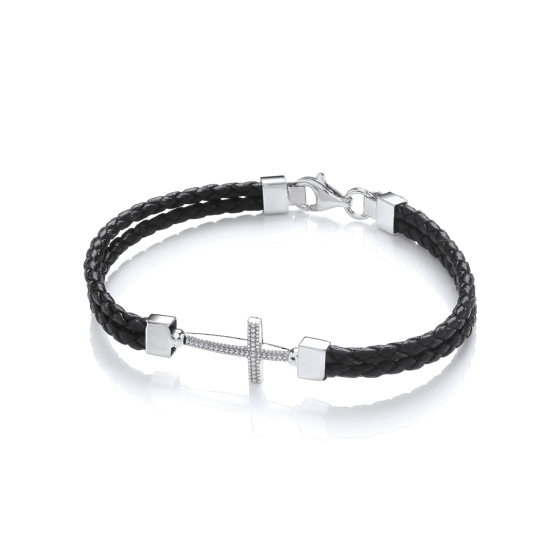 Mens Leather Steel  Plaited Beaded Cross Layered Bracelet 6mm 8.5" - BRC196