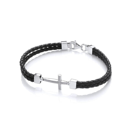 Mens Leather Steel  Plaited Beaded Cross Layered Bracelet 6mm 8.5" - BRC196