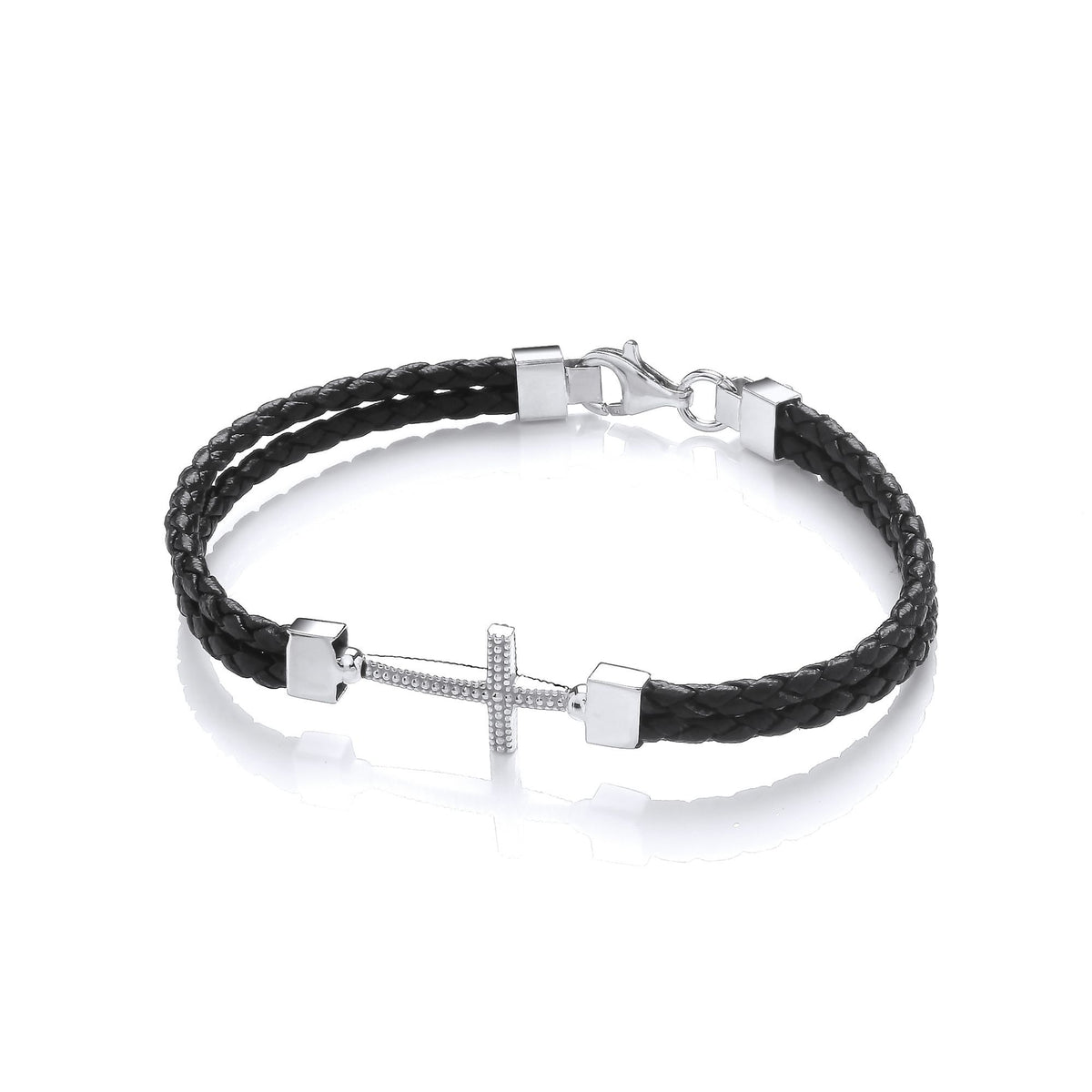 Mens Leather Silver  Plaited Beaded Cross Strap Bracelet 6mm 8.5" - BRC196