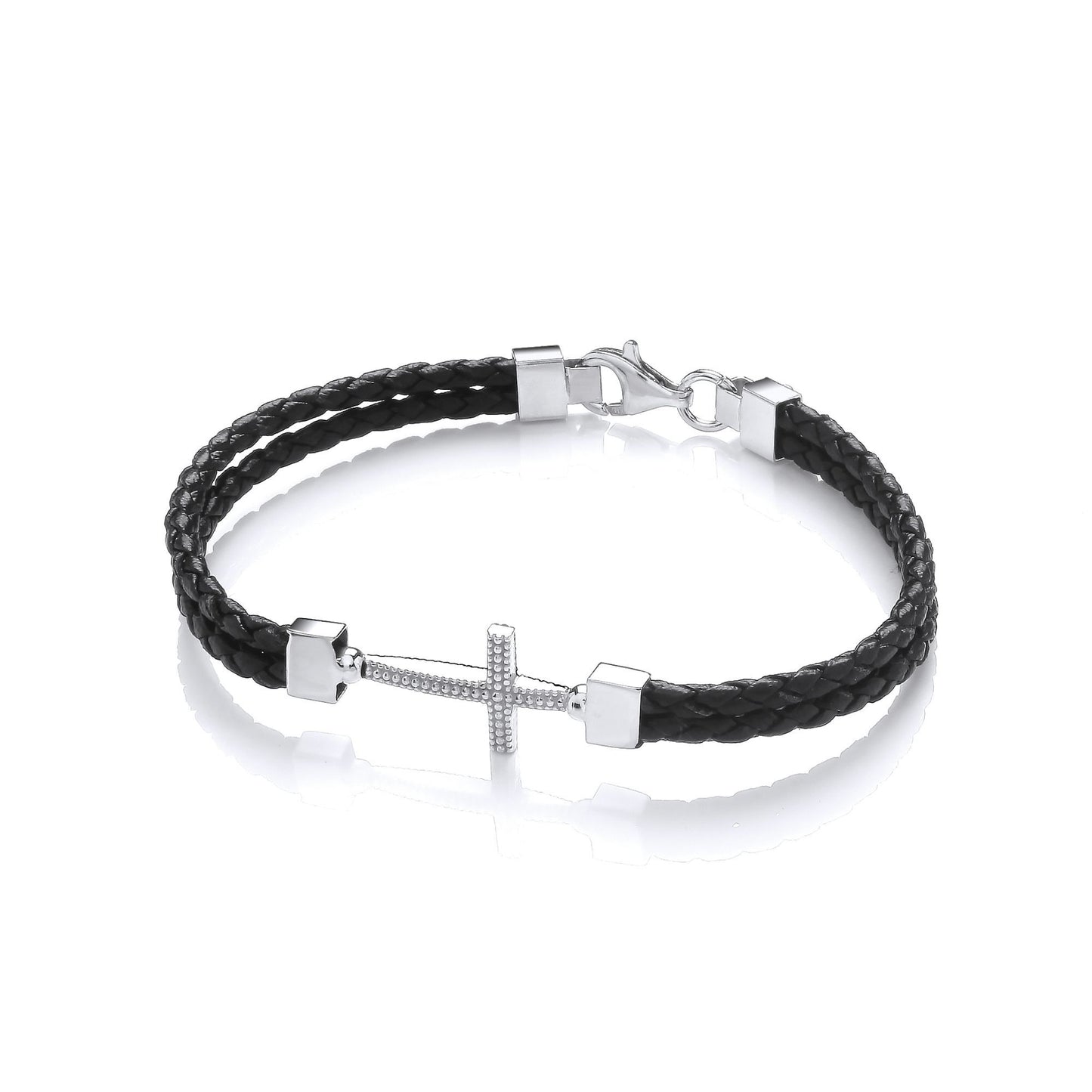 Mens Leather Steel  Plaited Beaded Cross Layered Bracelet 6mm 8.5" - BRC196