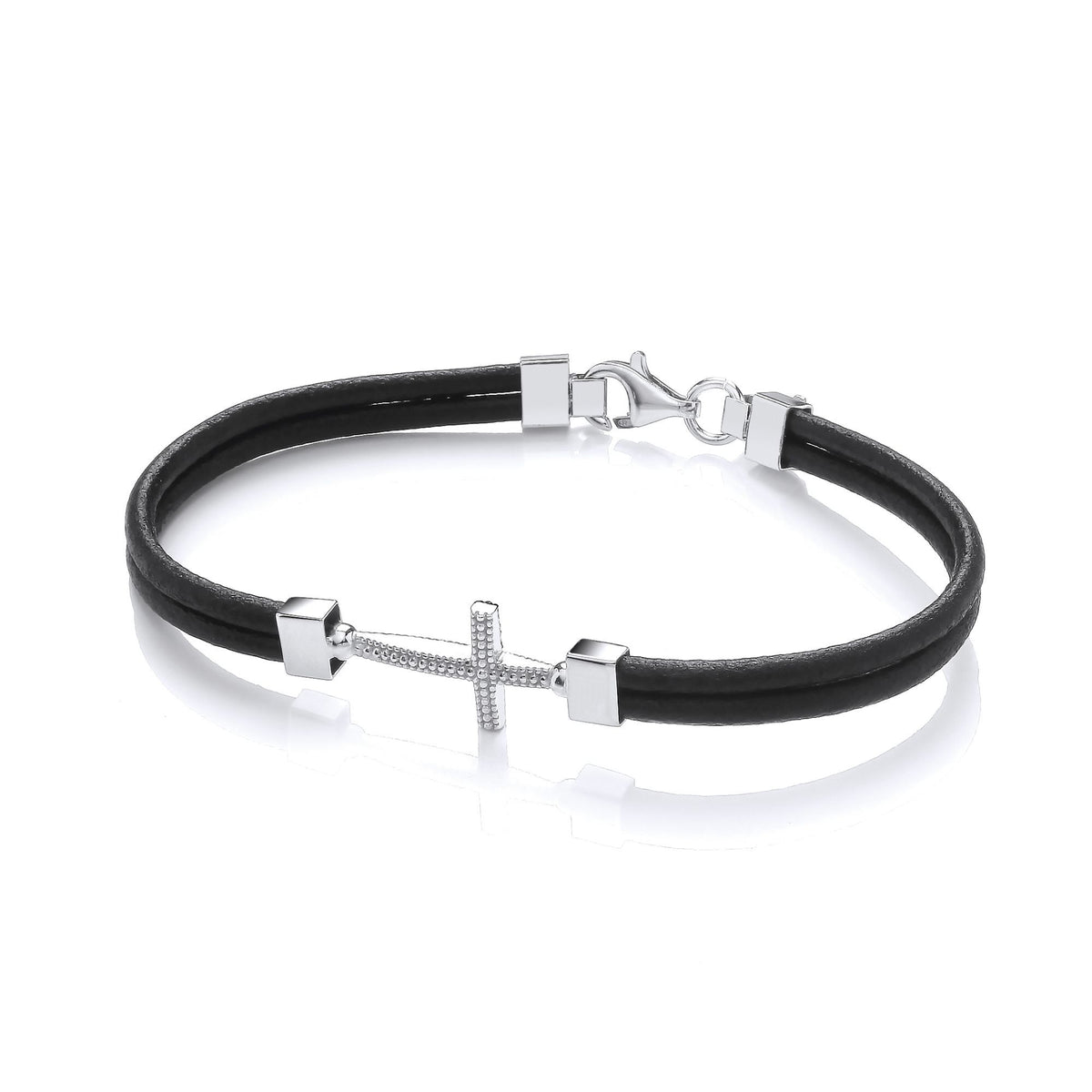 Mens Leather Silver  Multi Strand Beaded Cross Bracelet 6mm 8.5" - BRC197
