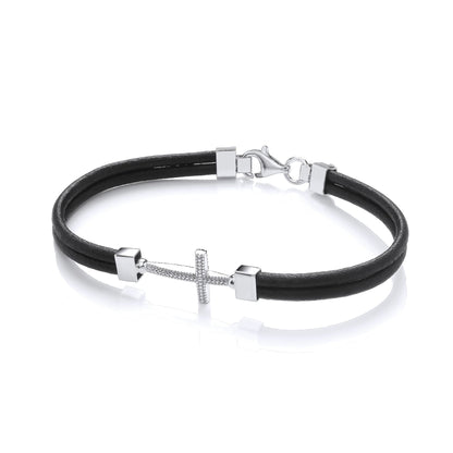 Mens Leather Silver  Multi Strand Beaded Cross Bracelet 6mm 8.5" - BRC197