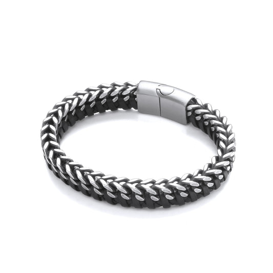 Mens Black Leather Steel  Oxidised Franco Curb Bracelet 8.5" - BRC198