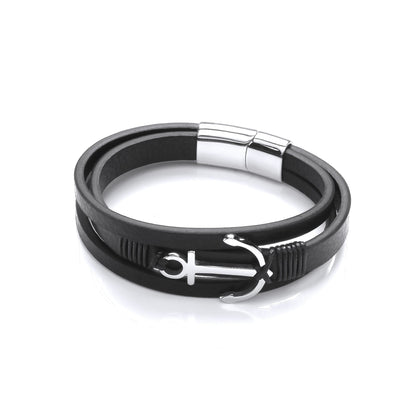 Mens Black Leather Steel  Multi Strand Anchor Charm Bracelet 8" - BRC199