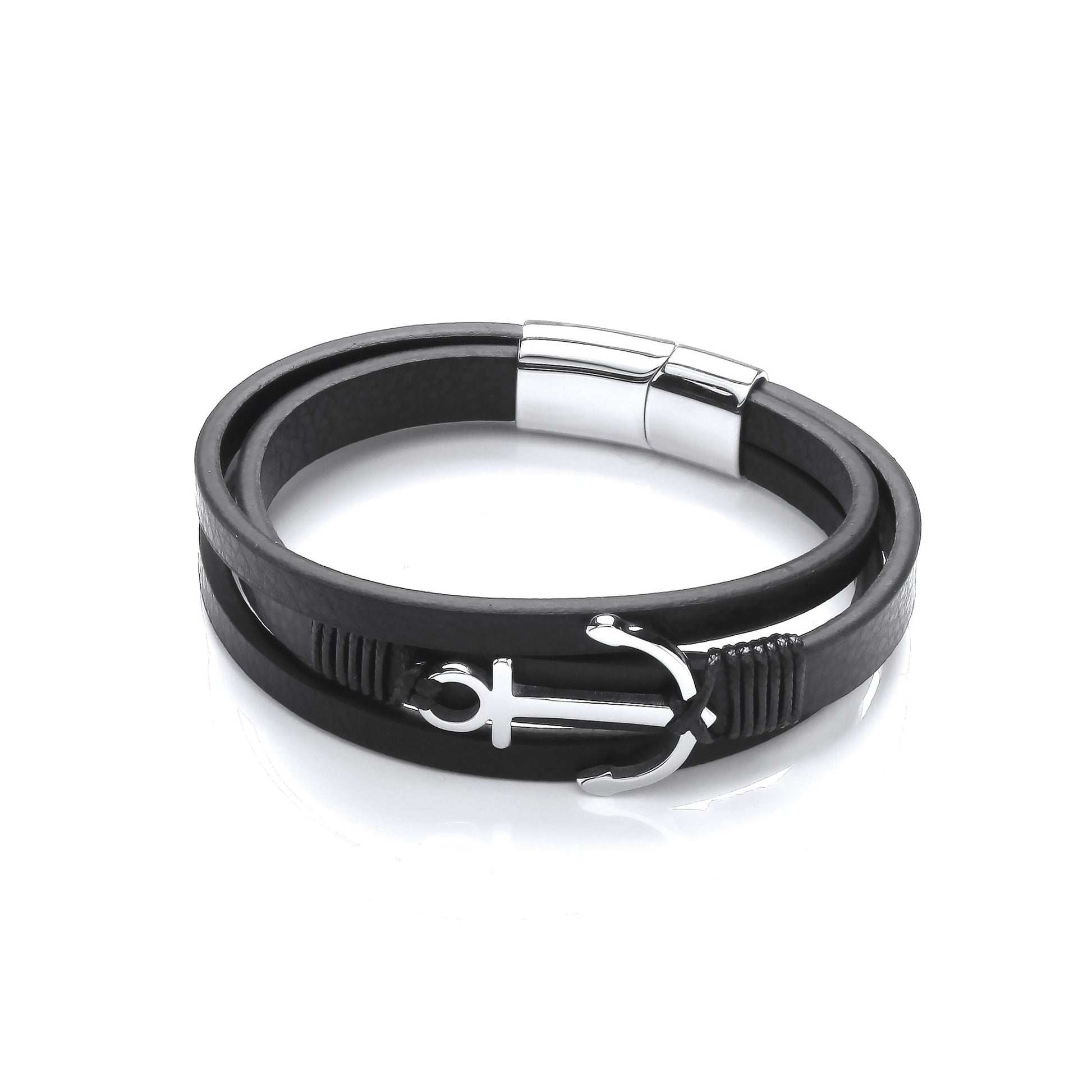 Mens Black Leather Steel  Multi Strand Anchor Charm Bracelet 8" - BRC199
