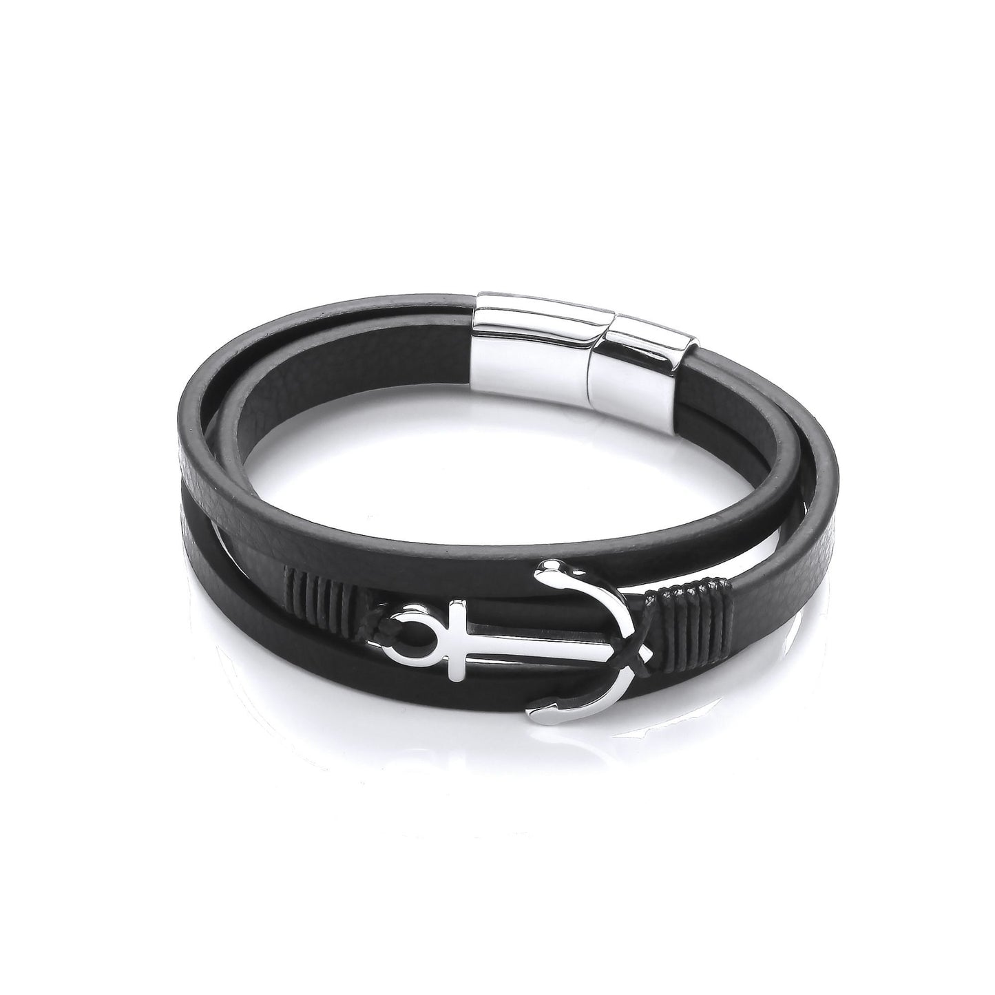Mens Black Leather Steel  Multi Strand Anchor Charm Bracelet 8" - BRC199