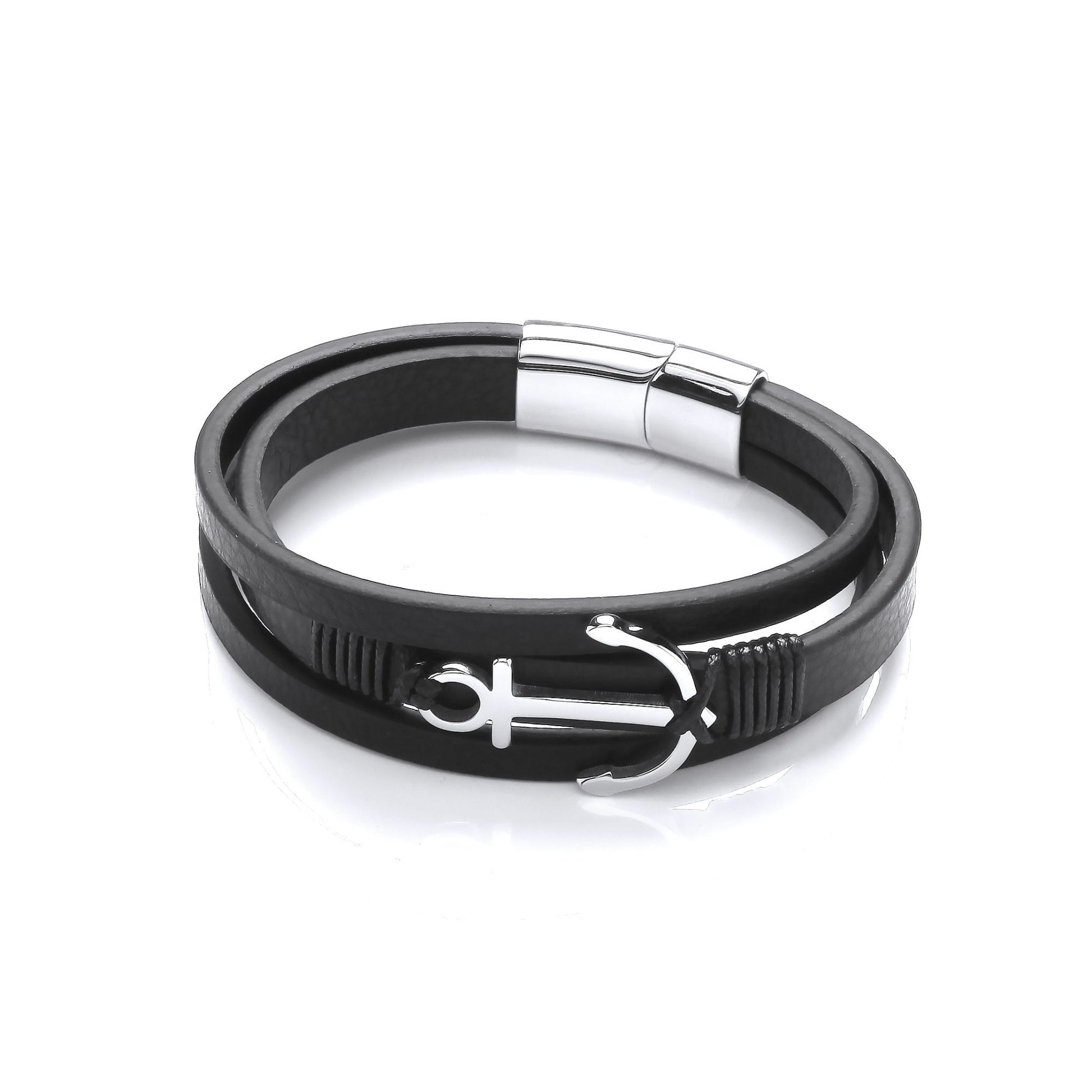 Mens Black Leather Steel  Multi Strand Anchor Charm Bracelet 8" - BRC199