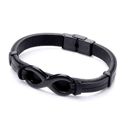 Mens Black Leather Steel  18mm Infinity Symbol 8 Bracelet 9mm 8" - BRC201BLK