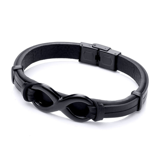 Mens Black Leather Steel  18mm Infinity Symbol 8 Bracelet 9mm 8" - BRC201BLK