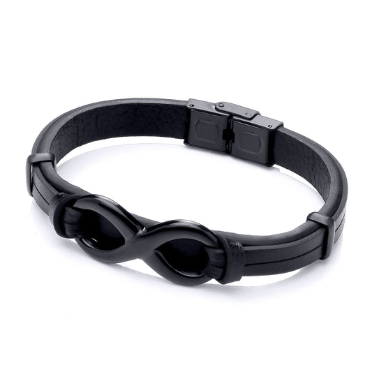 Mens Black Leather Steel  Infinity 8 Symbol Strap Bracelet 8 inch - BRC201BLK