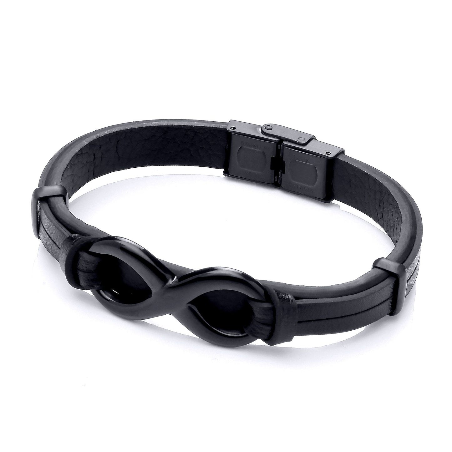Mens Black Leather Steel  18mm Infinity Symbol 8 Bracelet 9mm 8" - BRC201BLK