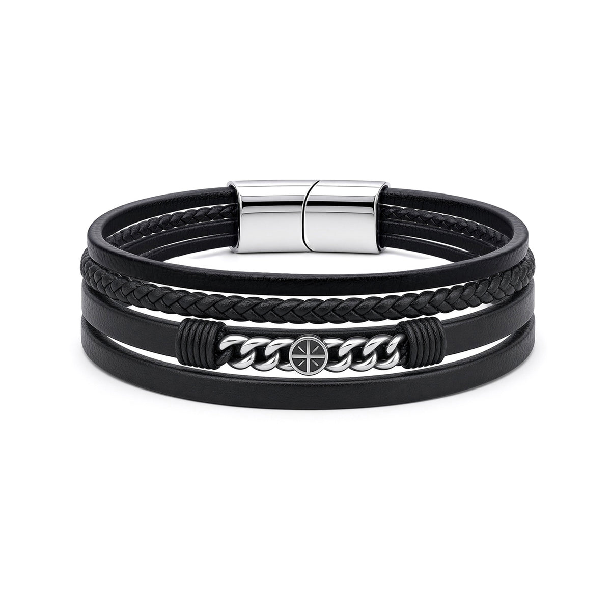 Black Leather Stainless Steel  Strap Bracelet 8" 21cm - BRC202