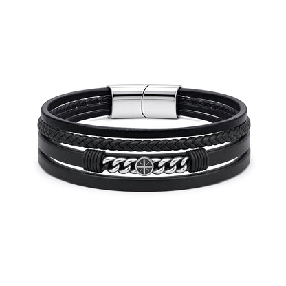 Black Leather Stainless Steel  Strap Bracelet 8" 21cm - BRC202