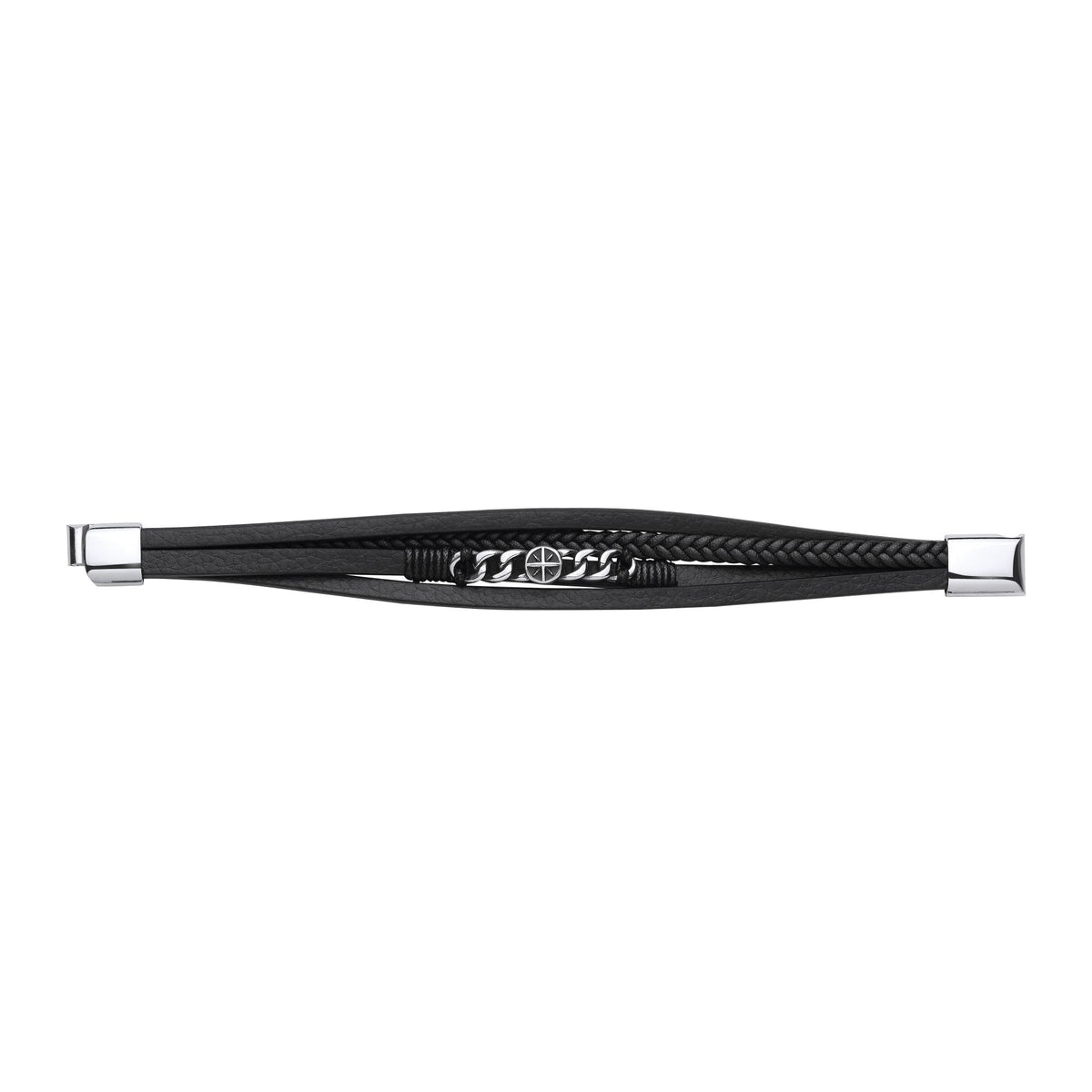 Black Leather Stainless Steel  Strap Bracelet 8" 21cm - BRC202