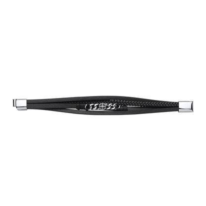 Black Leather Stainless Steel  Strap Bracelet 8" 21cm - BRC202