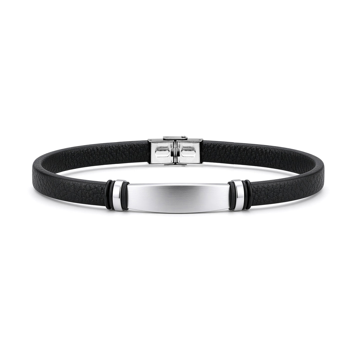 Black Leather Stainless Steel  Strap Bracelet 8" 21cm - BRC203