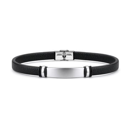 Black Leather Stainless Steel  Strap Bracelet 8" 21cm - BRC203