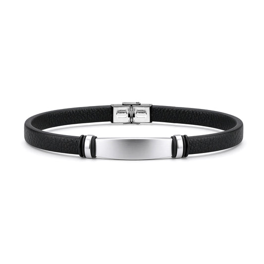 Black Leather Stainless Steel  Strap Bracelet 8" 21cm - BRC203