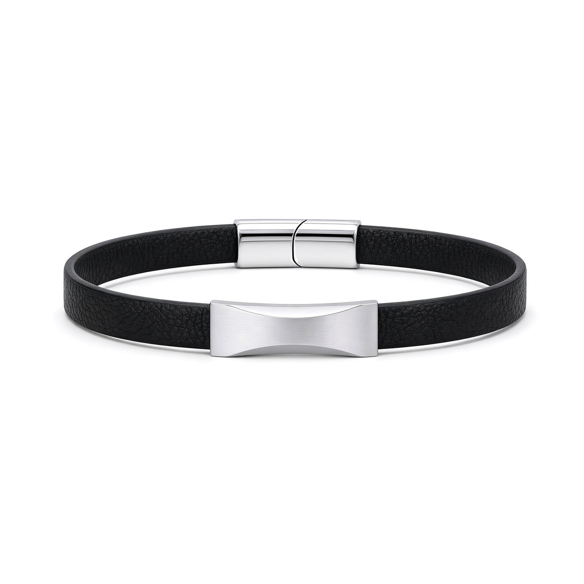 Black Leather Stainless Steel  Strap Bracelet 8" 21cm - BRC204