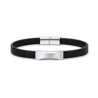 Black Leather Stainless Steel  Strap Bracelet 8" 21cm - BRC204