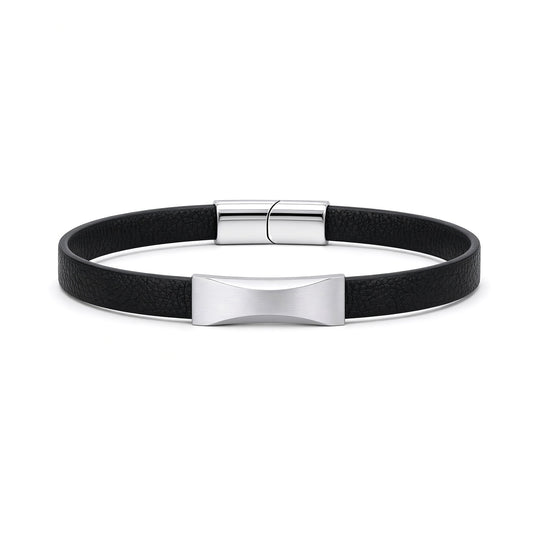 Gents Leather Steel  Bevelled Convexed ID Plate Strap Bracelet - BRC204