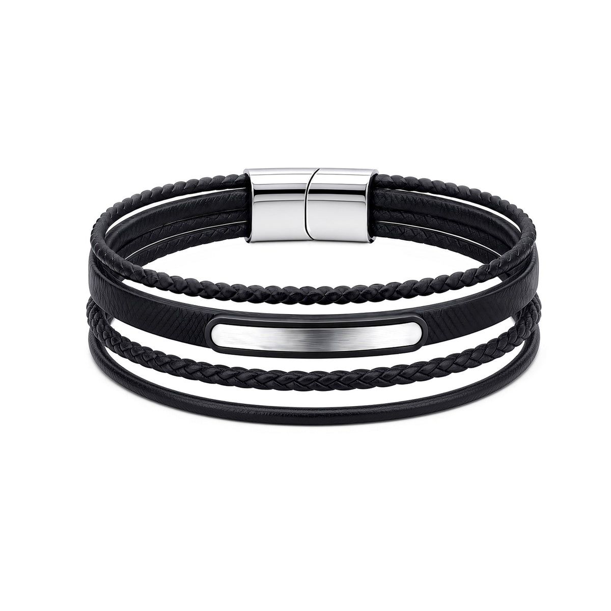 Black Leather Stainless Steel  Strap Bracelet 8" 21cm - BRC205