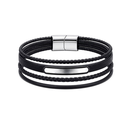 Black Leather Stainless Steel  Strap Bracelet 8" 21cm - BRC205