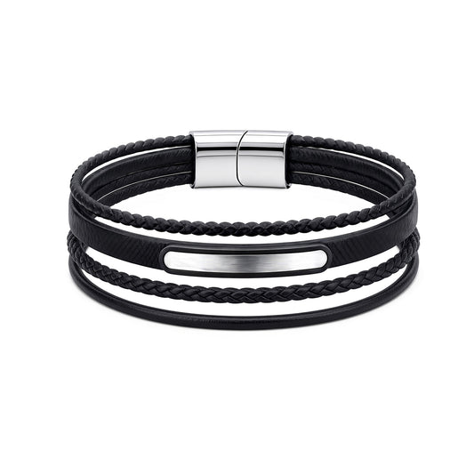 Black Leather Stainless Steel  Strap Bracelet 8" 21cm - BRC205