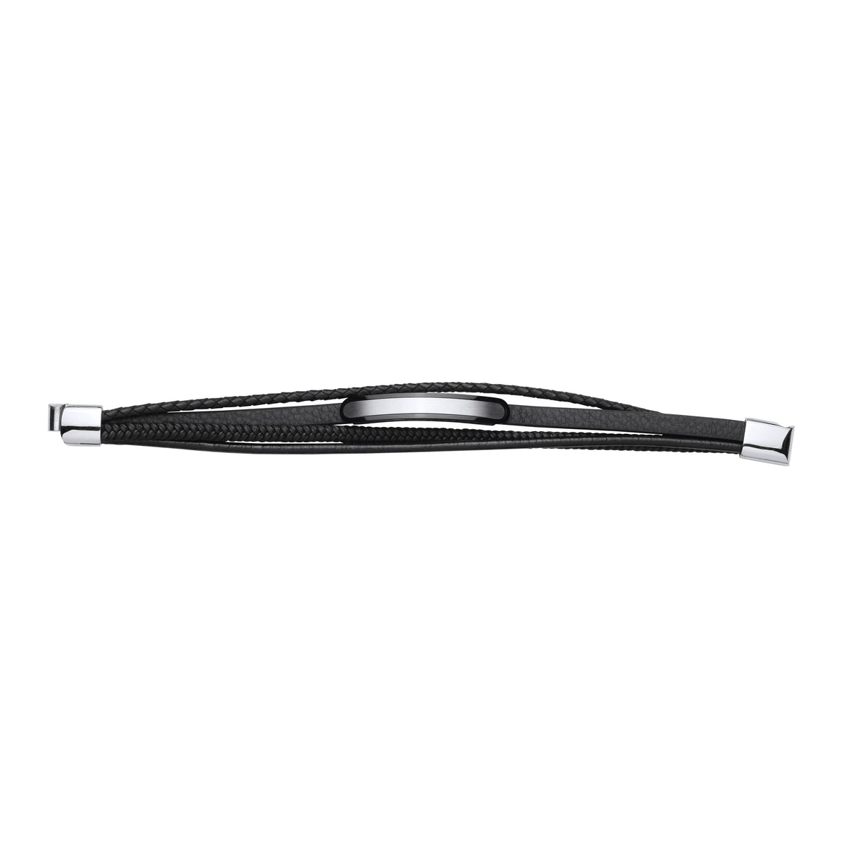 Black Leather Stainless Steel  Strap Bracelet 8" 21cm - BRC205