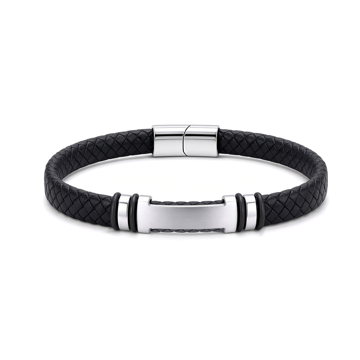 Black Leather Stainless Steel  Strap Bracelet 8" 21cm - BRC206