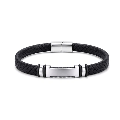Black Leather Stainless Steel  Strap Bracelet 8" 21cm - BRC206