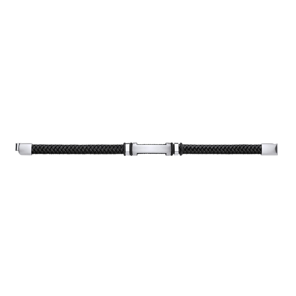 Black Leather Stainless Steel  Strap Bracelet 8" 21cm - BRC206