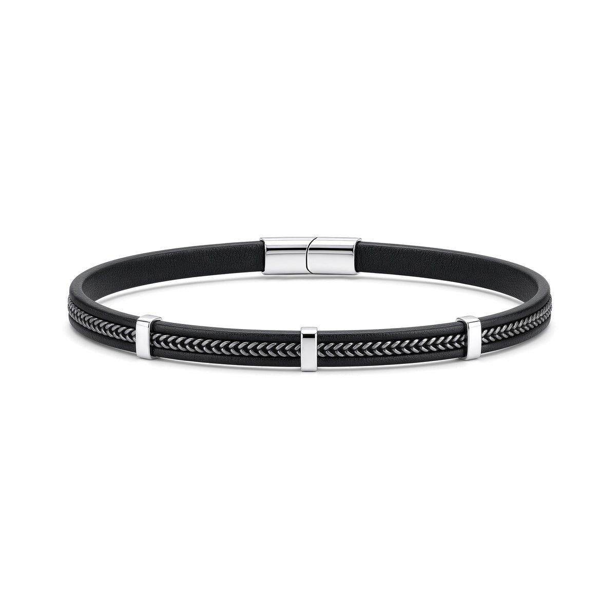 Black Leather Stainless Steel  Strap Bracelet 8" 21cm - BRC207